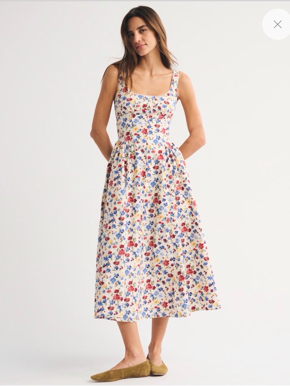 Abercrombie & Fitch Cream Midi Dress with Blue, Pink & Yellow Floral Print - Picture 2 of 7